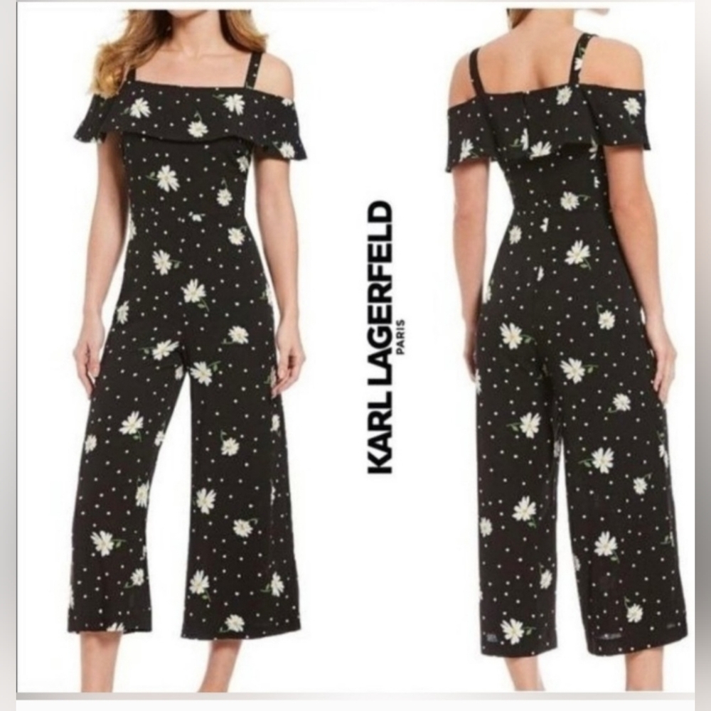 Karl Lagerfeld Women's Black Floral Jumpsuit, Back Zipper, Size 12